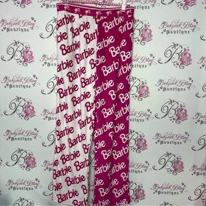 Barbie pants soft velour feel fabric cozy pink white half half one leg different